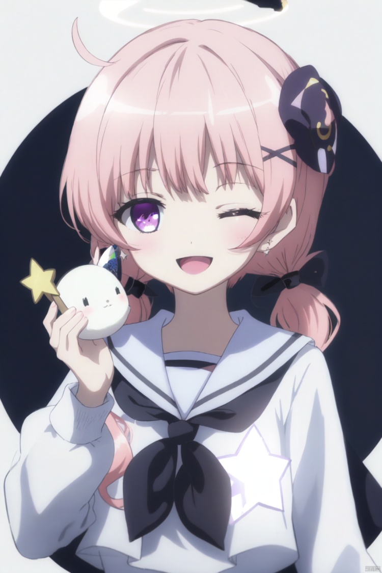 1girl, one eye closed, solo, halo, hair ornament, star \(symbol\), school uniform, white background, star hair ornament, twintails, pink hair, purple eyes, smile, simple background, looking at viewer, neckerchief, black neckerchief, low twintails, holding, upper body, ahoge, sailor collar, long hair, serafuku, white sailor collar, long sleeves, open mouth, ;d, bangs
