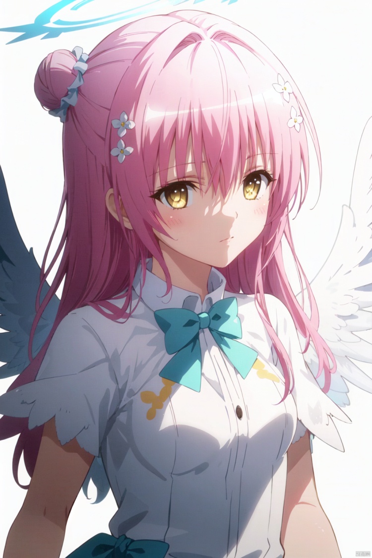 1girl, solo, mika \(blue archive\), wings, pink hair, halo, long hair, hair ornament, white background, single side bun, hair flower, hair bun, simple background, yellow eyes, flower, white dress, blue bow, capelet, dress, bow, looking at viewer, low wings, white wings, feathered wings, blush, scrunchie, breasts, angel wings, bangs, white capelet, closed mouth, medium breasts, upper body