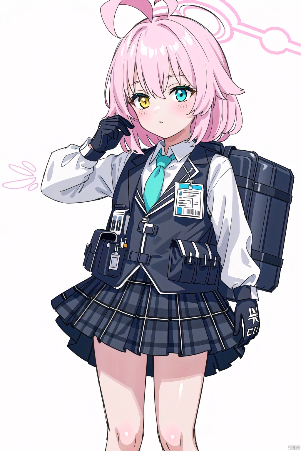  1girl,(masterpiece:1.3),( beautiful:1.2),(high quality:1.2),(finely detailed:1.2),extremely detailed CG unity 8k wallpaper,best quality,a very delicate and beautiful,perfect fingers,(one cute girl at the center:1.2),
hoshinoBA, ((poakl)), short hair, bangs, blue eyes, skirt,  gloves, long sleeves, hair between eyes, yellow eyes, white shirt, pink hair, ahoge, pleated skirt, ((green necktie)), black gloves, puffy sleeves, collared shirt, fingerless gloves, black skirt, (black vest), orange eyes, plaid, heterochromia, halo, plaid skirt,puffy long sleeves, blue necktie, id card, hoshino \(blue archive\),hoshinoPast,shirt under vest,fastened vest