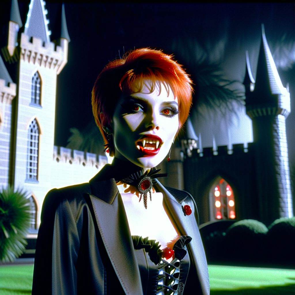 Vampyfangs1. a film still photo. 35mm. 4k. From a 1980s movie. a ginger red-haired vampire woman with a pixie cut is showi...