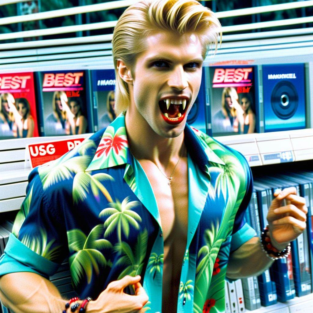 Vampyfangs1. a film still photo. 35mm. 4k. From a 2003 movie. A blond haired vampire man wearing a hawaiian shirt is showi...