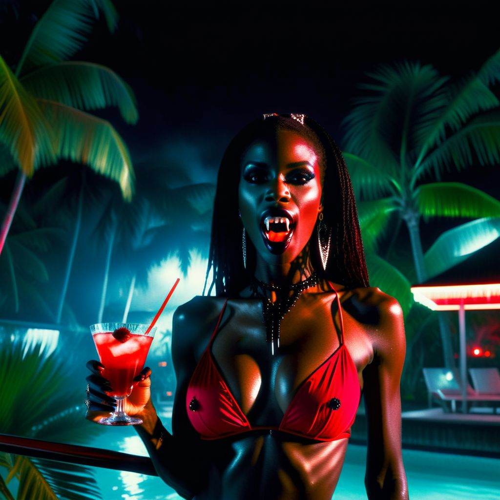Vampyfangs1. a film still photo. 35mm. 4k. From a 2009 movie. a black Jamaican vampire woman and is showing off her fangs,...