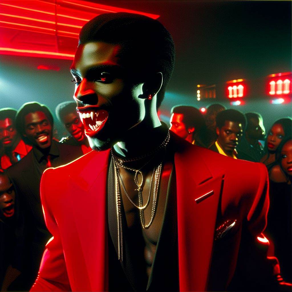 Vampyfangs1. a film still photo. 35mm. 4k. From a 2003 movie. a black Jamaican vampire and is showing off his fangs,  he i...