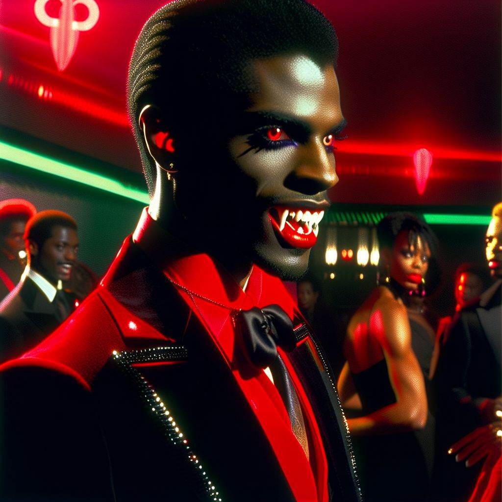 Vampyfangs1. a film still photo. 35mm. 4k. From a 2003 movie. a black Jamaican vampire and is showing off his fangs,  he i...