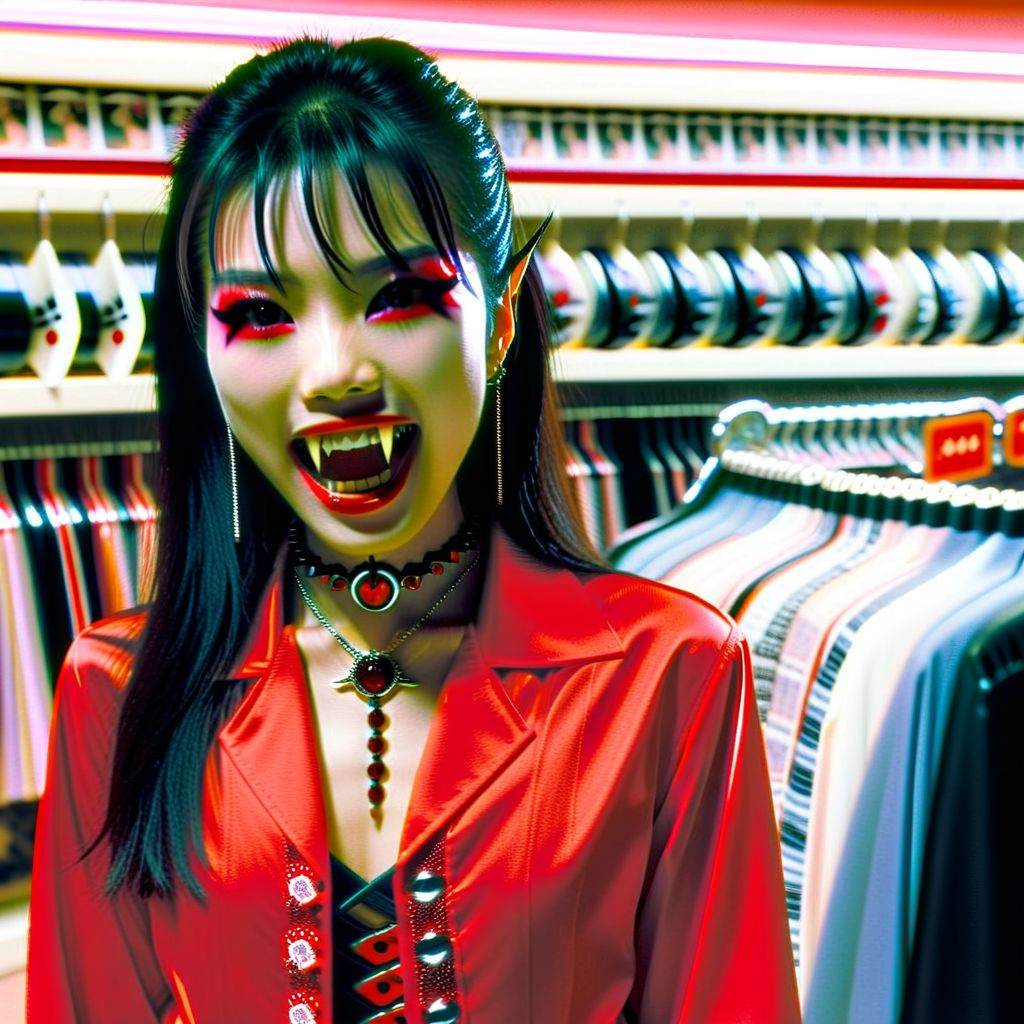 Vampyfangs1. a film still photo. 35mm. 4k. From a 2003 movie. a Japanese asian vampire woman and is showing off her fangs,...