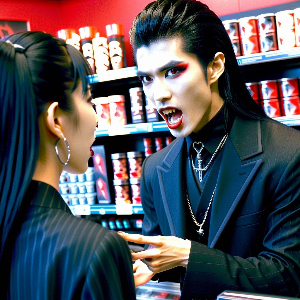 Vampyfangs1. a film still photo. 35mm. 4k. From a 2003 movie. An asian vampire man with fangs is talking to a cashier at a...