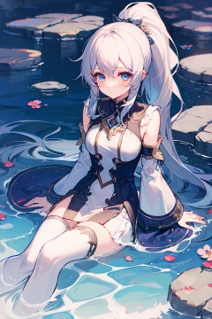 1girl, solo, sitting, long hair, flower, ponytail, looking at viewer, thighhighs, blue eyes, water, detached sleeves, wide sleeves

