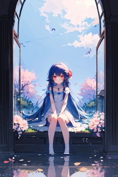  tongxin, best quality, masterpiece, illustration, (reflection light), incredibly absurdres, 1girl, girl middle of flower, pure skyblue hair, red eyes, clear sky, outside, collarbone, loli, sitting, absurdly long hair, clear boundaries of the cloth, white dress, fantastic scenery, ground of flowers, thousand of flowers, colorful flowers, flowers around her, various flowers,
