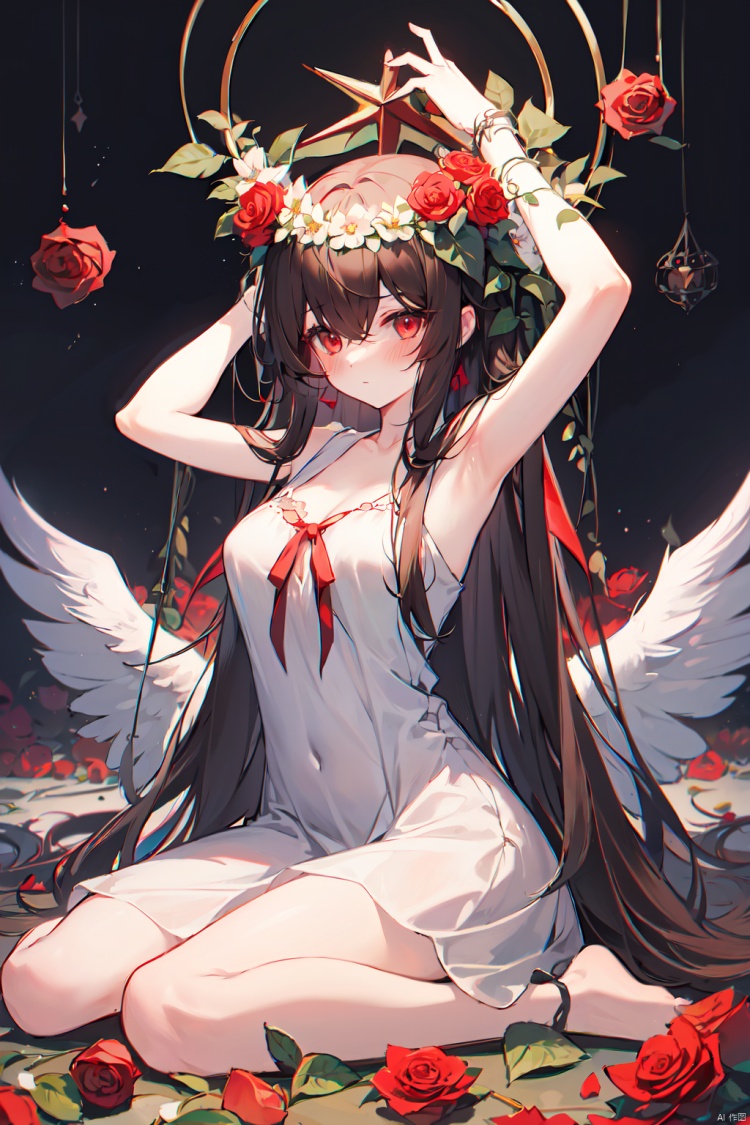  (best quality), (masterpiece),dress, solo, white dress, red eyes, halo, 1girl, flower wreath, flower, wariza, wings, sleeveless dress, long hair, sleeveless, arms up, rose, sitting, bare shoulders, red flower, head wreath, bangs, hair between eyes, blush, looking at viewer, very long hair, closed mouth, collarbone, white flower, feathered wings, brown hair, bare arms, red rose, red ribbon, breasts, barefoot,
