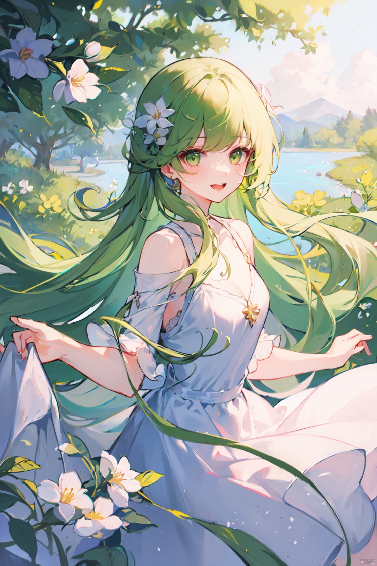 (best quality),(masterpiece),1girl, flower,white dress, solo, green hair, long hair, smile, open mouth, looking at viewer, bangs, white flower, green eyes,
