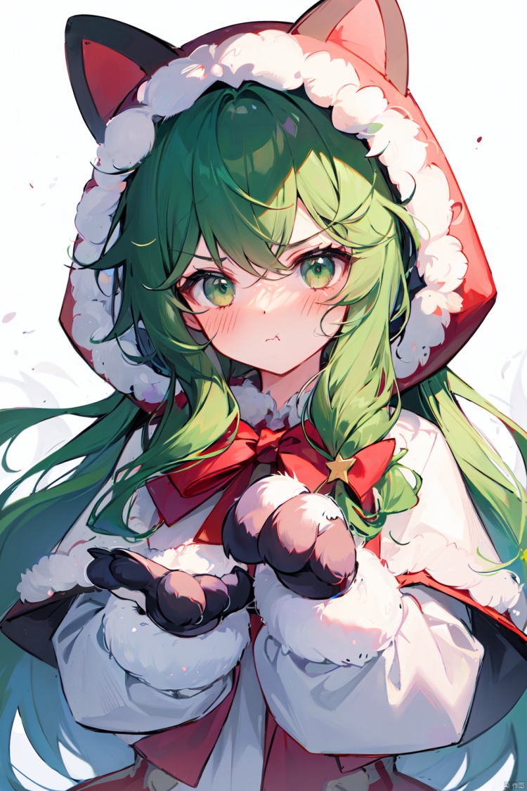  (best quality), (masterpiece),1girl, anger vein, green hair, :t, solo, gloves, closed mouth, blush, holding, green eyes, long hair, long sleeves, pout, bangs, looking at viewer, hood, white gloves, bow, star \(symbol\), very long hair, fur trim, dress, fur-trimmed hood, red bow, v-shaped eyebrows, animal hands, animal hood
