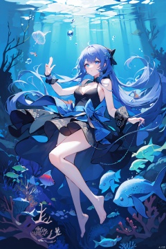  (masterpiece), (best quality),(illustration), ((chinese colorful ink)),wide shot, best quality, epic scenes, impactful visuals, 1girl, long hair, dress, underwater, solo, barefoot, black dress, very long hair, breasts, blue hair, blue eyes, jellyfish, cleavage, bubble, looking at viewer, bangs, coral, bare legs, sleeveless, full body, medium breasts, air bubble, fish
