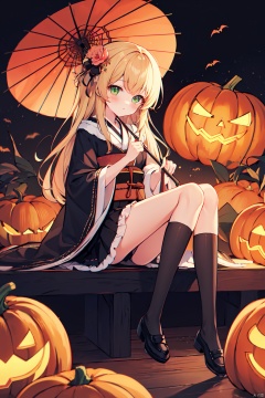  (best quality), (masterpiece), 1girl, solo, umbrella, long_hair, blonde_hair, oil-paper_umbrella, sitting, socks, japanese_clothes, jack-o'-lantern, blush, holding_umbrella, hair_ornament, shoes, holding, kimono, wide_sleeves, flower, hair_flower, looking_at_viewer, long_sleeves, kneehighs, black_skirt, skirt, black_footwear, bangs, green_eyes, black_socks, mary_janes, frilled_socks, frills, closed_mouth, halloween, two_side_up, pumpkin, lantern
