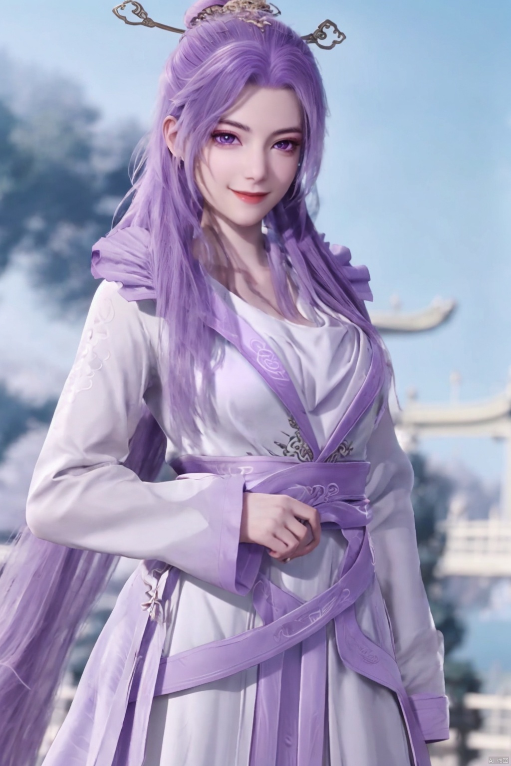 1girl, solo, long hair, looking at viewer, smile, hair ornament, long sleeves, dress, purple eyes, purple hair, outdoors, chinese clothes,yunxiao,Hand on chest
