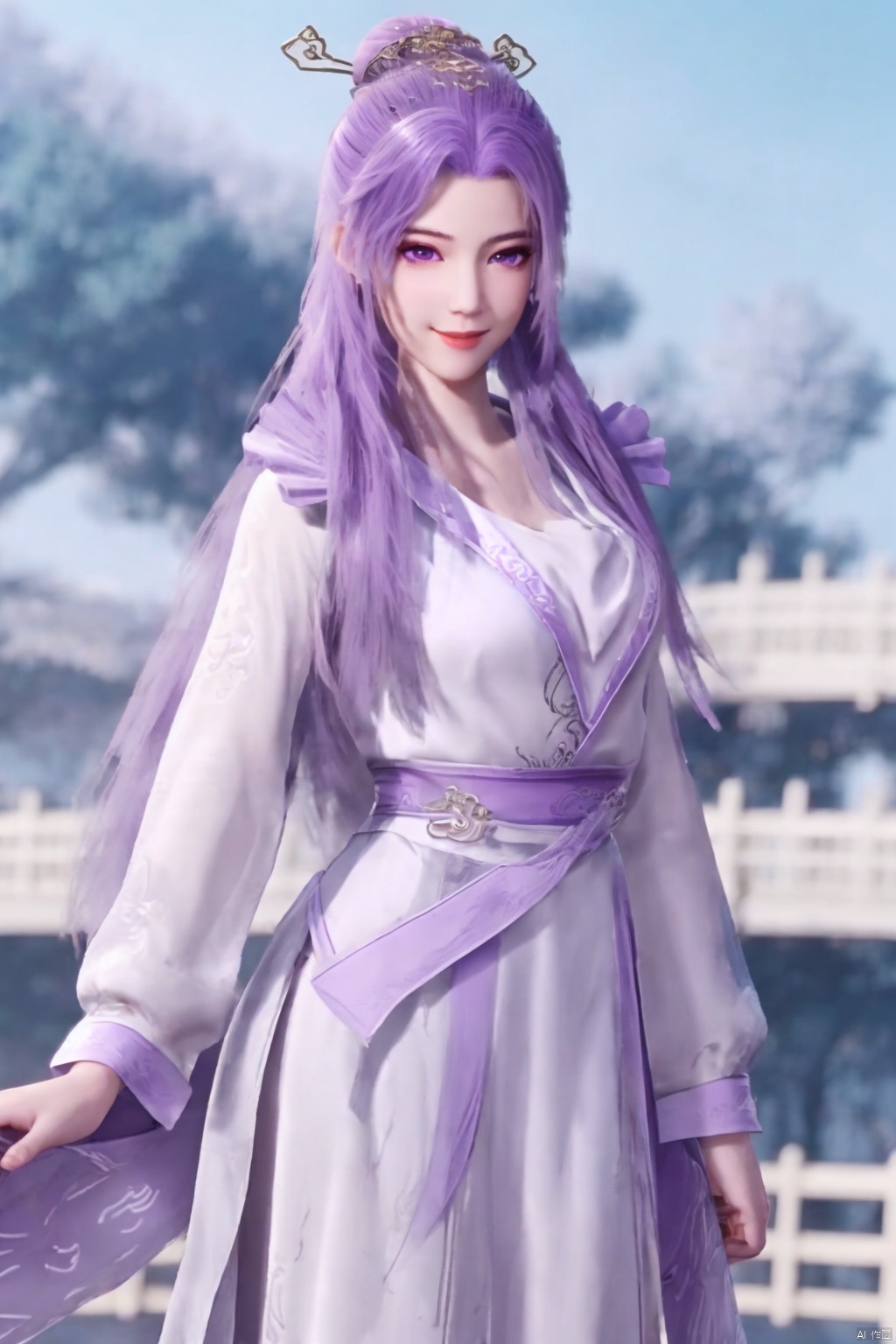 1girl, solo, long hair, looking at viewer, smile, hair ornament, long sleeves, dress, purple eyes, purple hair, outdoors, chinese clothes,yunxiao