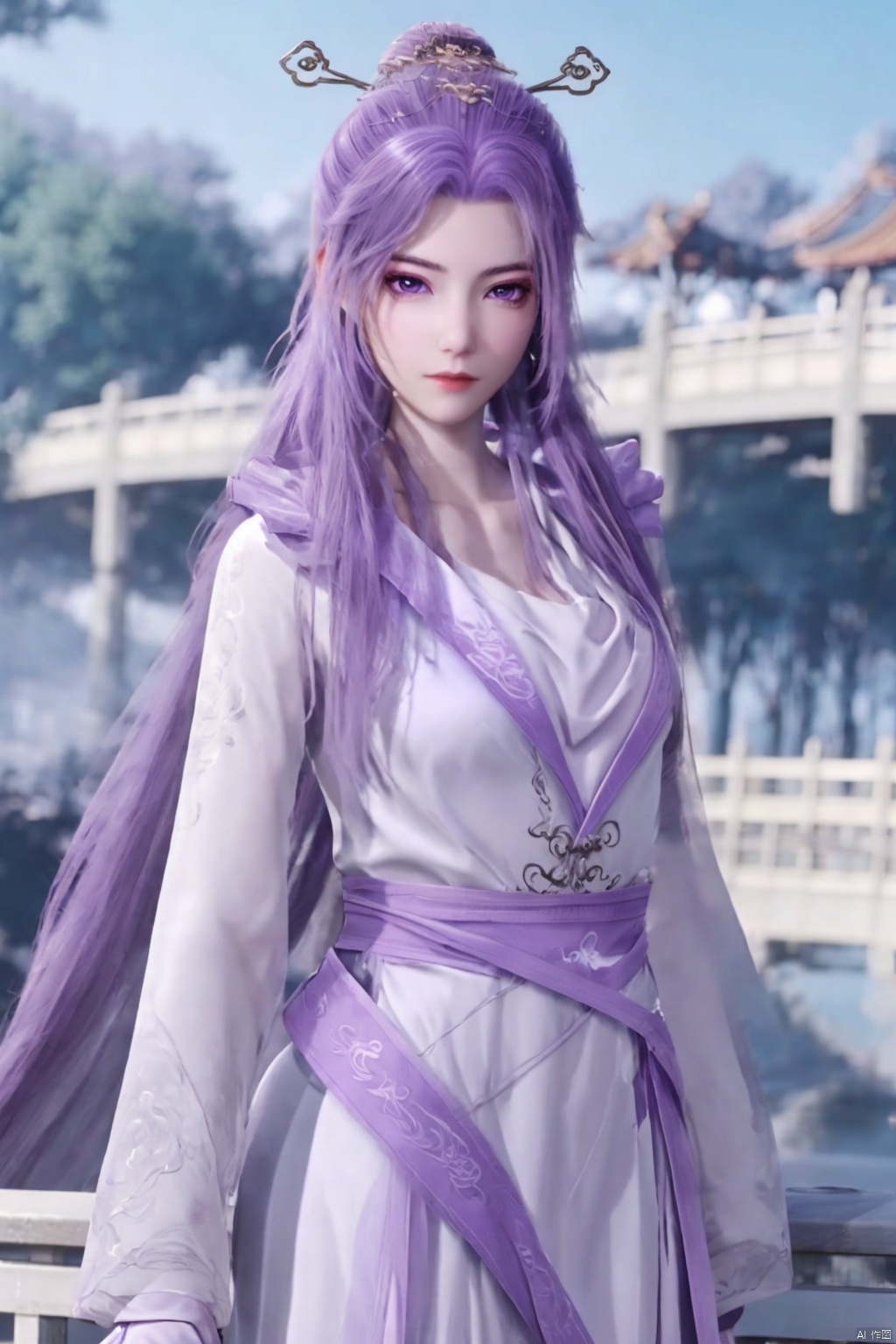 1girl, solo, long hair, looking at viewer, hair ornament, long sleeves, dress, purple eyes, purple hair, outdoors, chinese clothes,yunxiao,Hand on chest