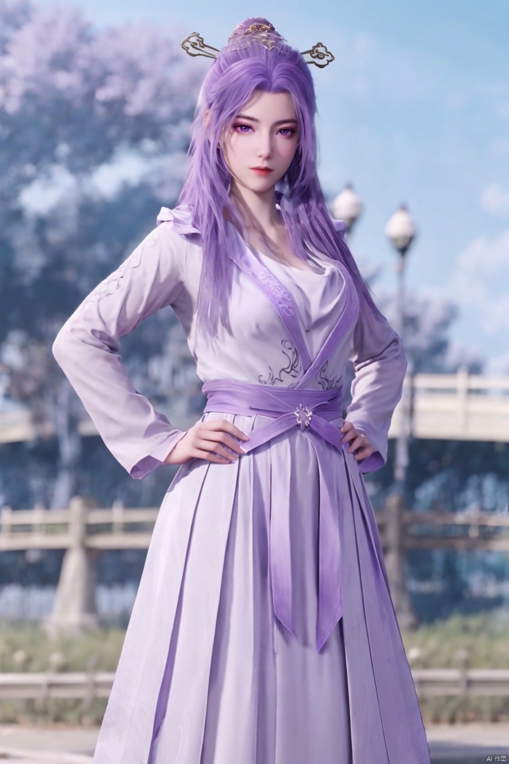 Best quality, Masterpiece, High detail, ultra-realistic 8K,1girl, solo, long hair, looking at viewer, hair ornament, long sleeves, dress, purple eyes, purple hair, outdoors, chinese clothes,yunxiao,hands on hips,full body