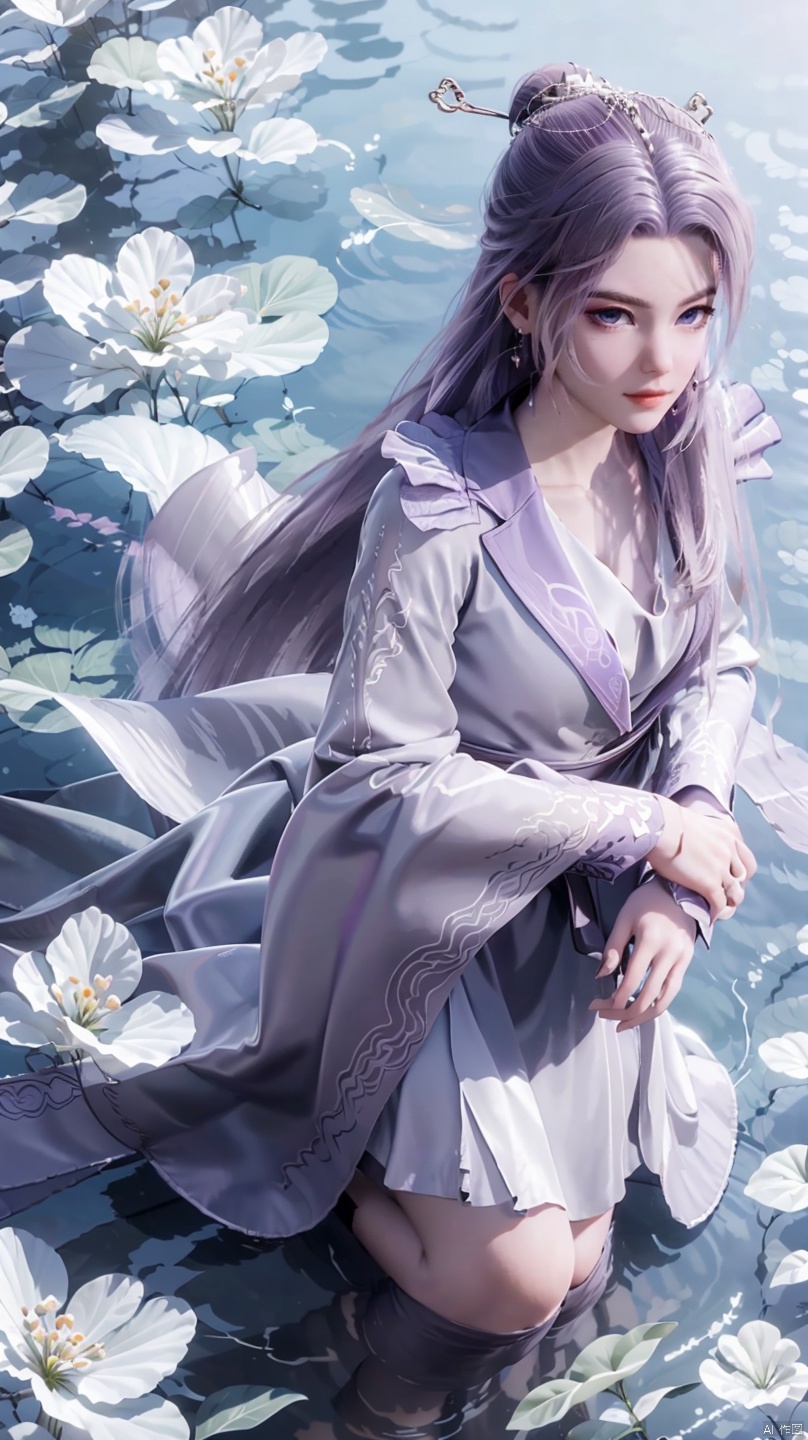  ,purple element,looking from above,above the knee,appear on camera,blue eyes,white_flower, jmai