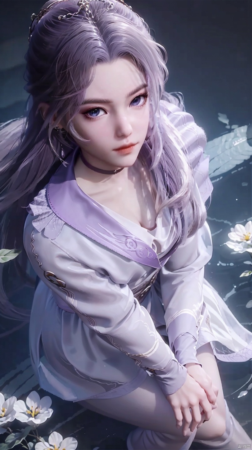  ,purple element,looking from above,above the knee,appear on camera,blue eyes,white_flower, jmai