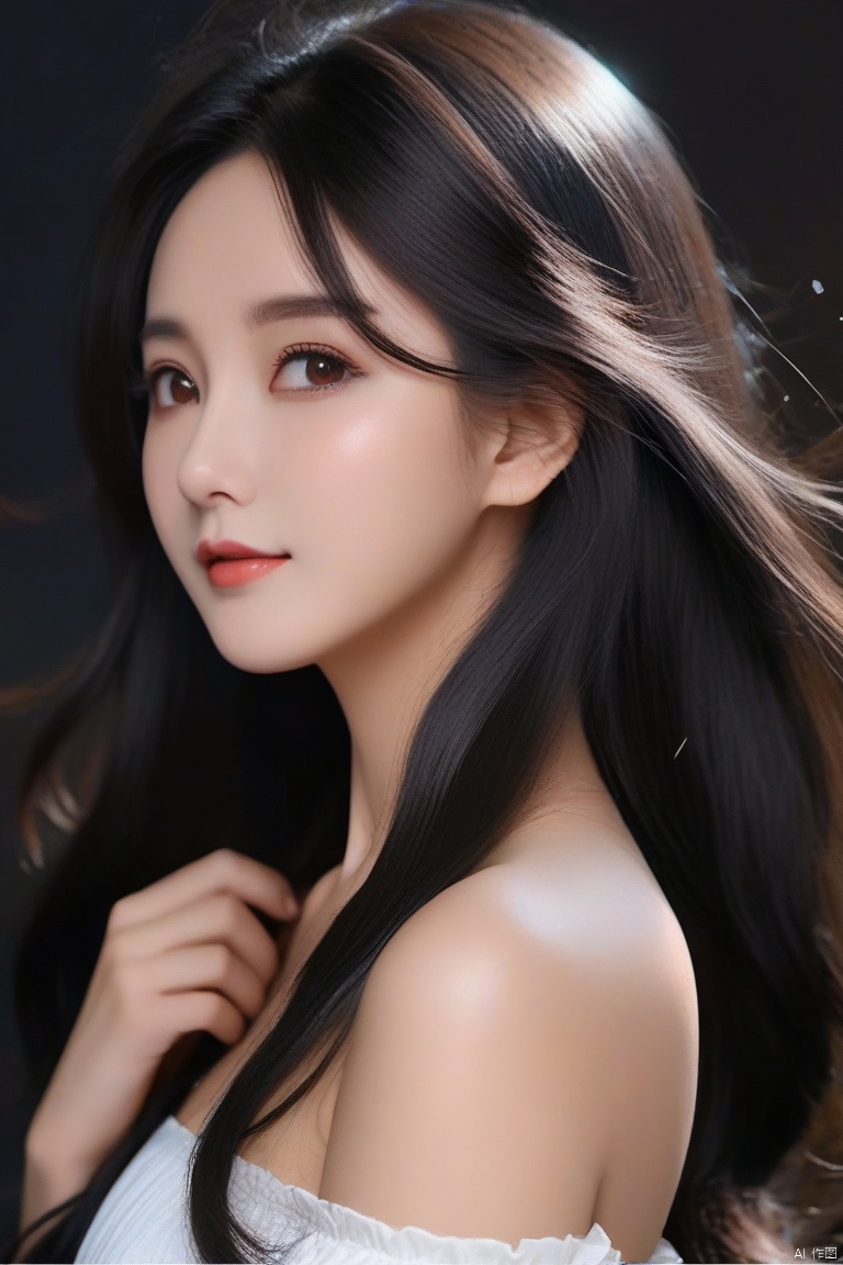  masterpiece,bestquality,8k,4k,
1girl,solo,black_hair,long_hair,Off_Shoulder,brown_eyes, 
black_background, g019, g022