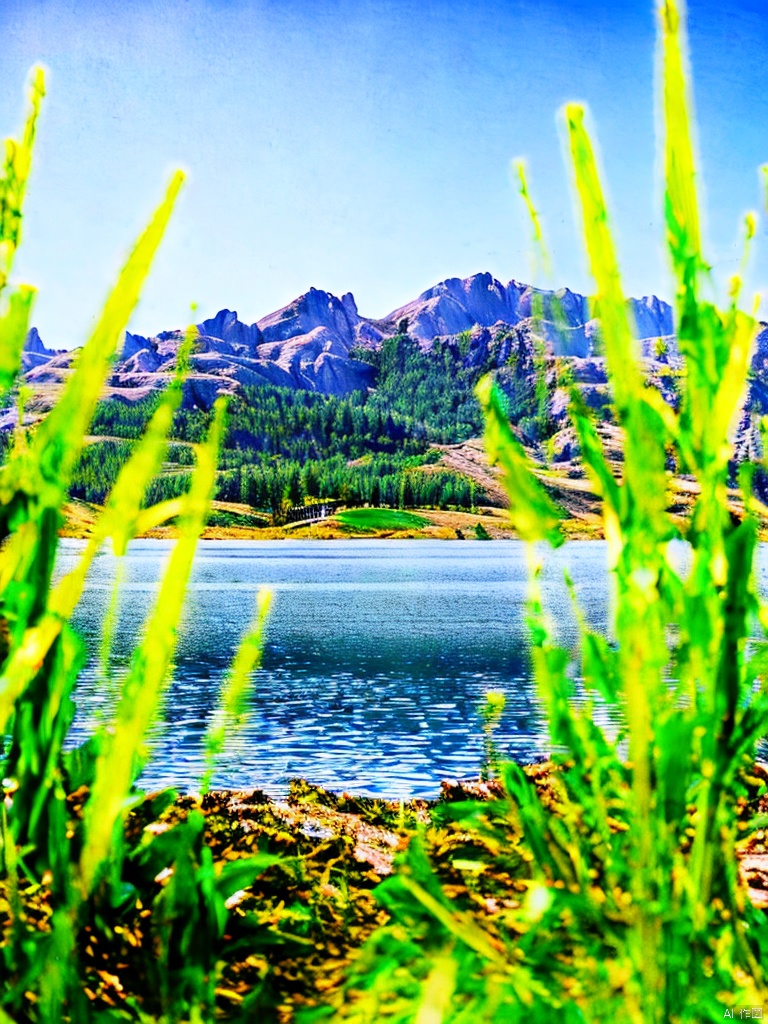 ID3,A grass with mountains, forests, and lakes on top, extreme contrast, small to big, Chinese ink painting, bright color scheme, telephoto lens, Unreal Engine, high-definition image quality, masterpiece, immersive, first-person perspective (camera browsing everything on the screen), ID3