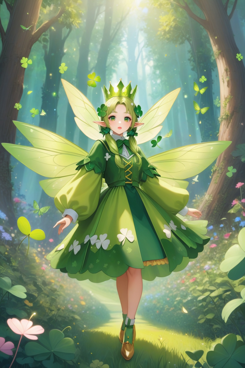 The noble wizard of Oz,  dressed in clothes decorated with four-leaf clover and wearing a crown made of four-leaf clover,...