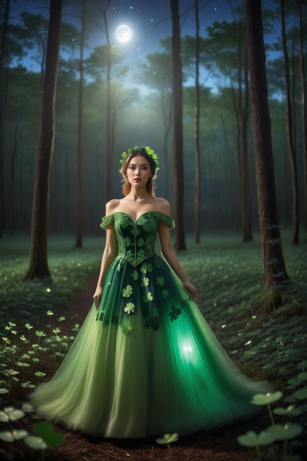 A beautiful girl wearing a four-leaf clover dress,  standing in a beautiful forest,  with the bright moonlight shining on...