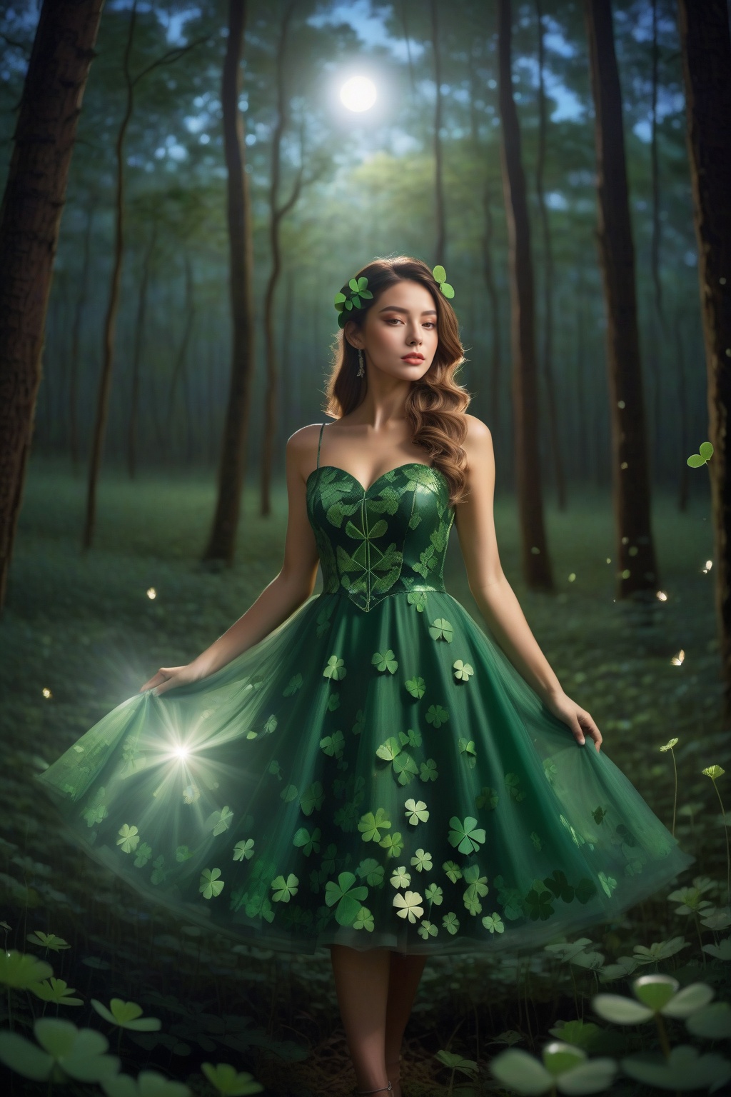 A beautiful girl wearing a four-leaf clover dress,  standing in a beautiful forest,  with the bright moonlight shining on...