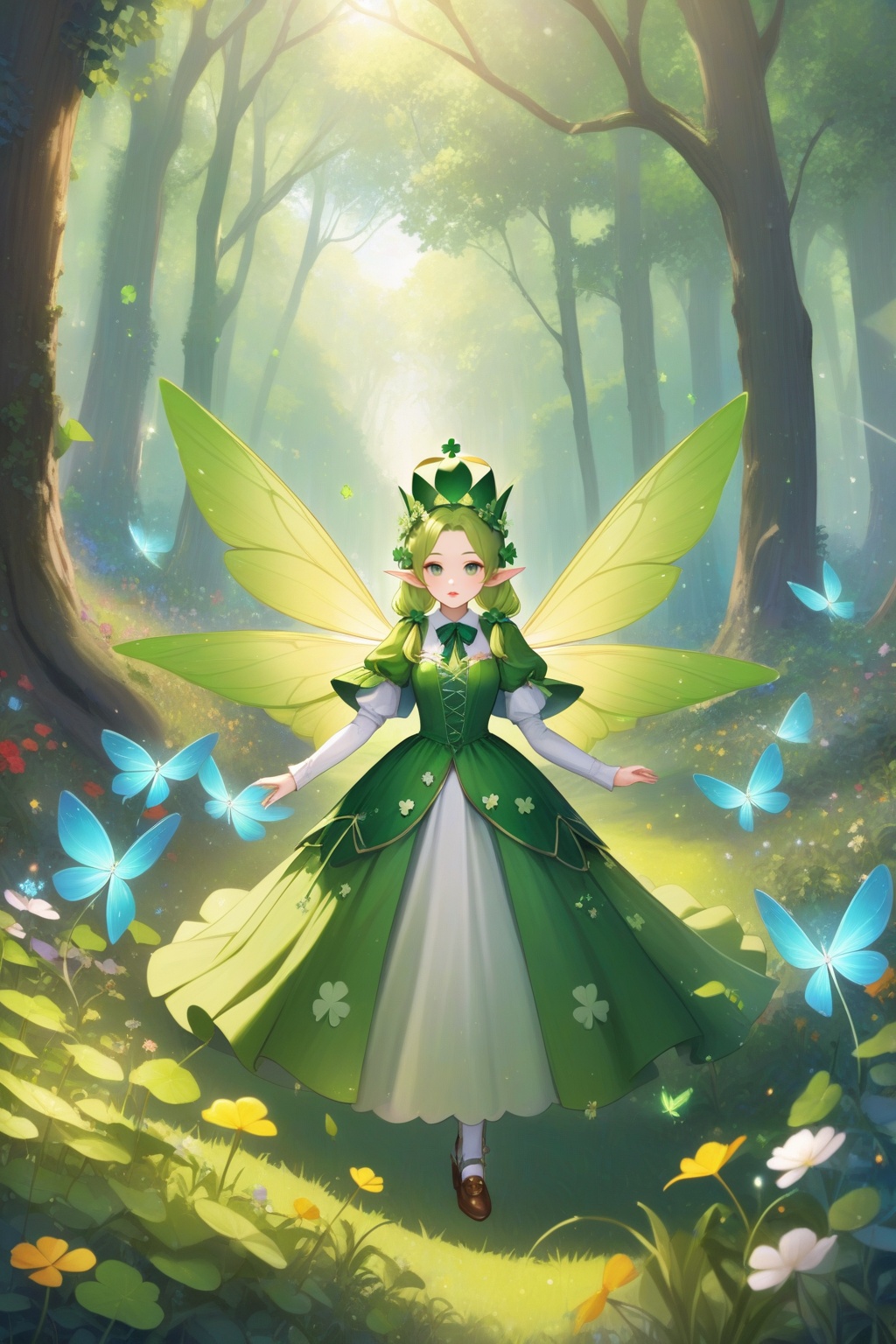 The noble wizard of Oz,  dressed in clothes decorated with four-leaf clover and wearing a crown made of four-leaf clover,...