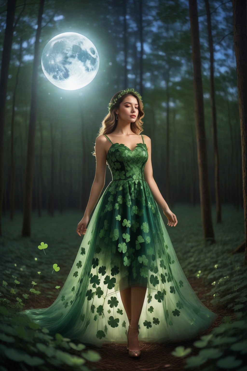 A beautiful girl wearing a four-leaf clover dress,  standing in a beautiful forest,  with the bright moonlight shining on...