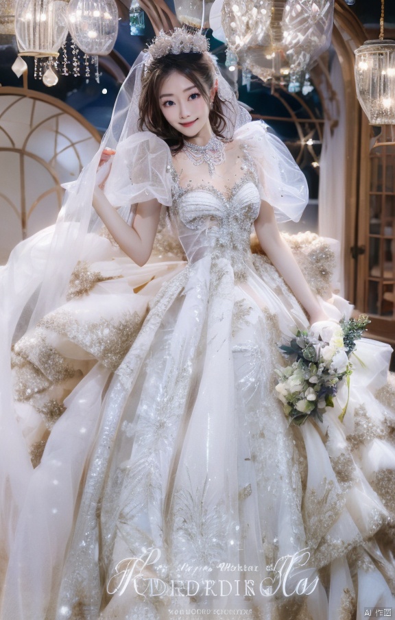  Ultra-clear 8k, real, night, smile, crown, necklace, perspective, hanger, wedding studio, nudity, holding flowers, diamonds, lots of dresses around, jy, bridal_veil, wedding dress, 1 girl