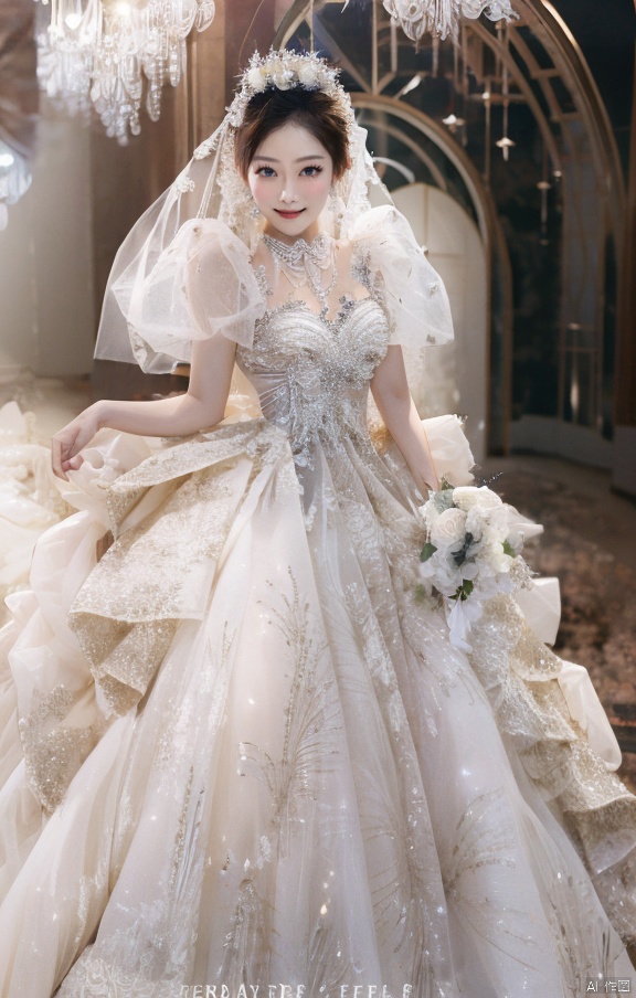  Ultra-clear 8k, real, night, smile, crown, necklace, perspective, hanger, wedding studio, nudity, holding flowers, diamonds, lots of dresses around, jy, bridal_veil, wedding dress, 1 girl