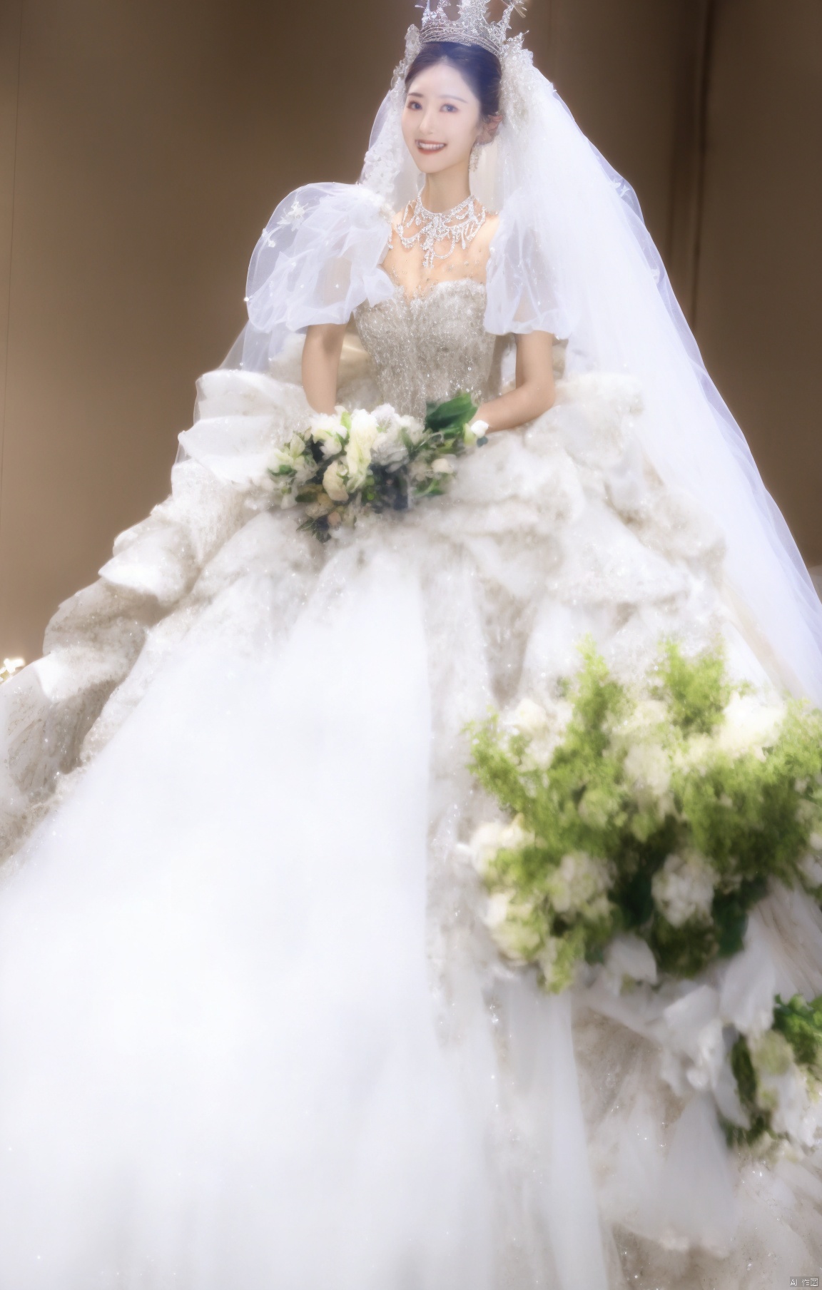  Ultra-clear 8k, real, night, smile, crown, necklace, perspective, hanger, wedding studio, nudity, holding flowers, diamonds, lots of dresses around, jy, bridal_veil, wedding dress, 1 girl
