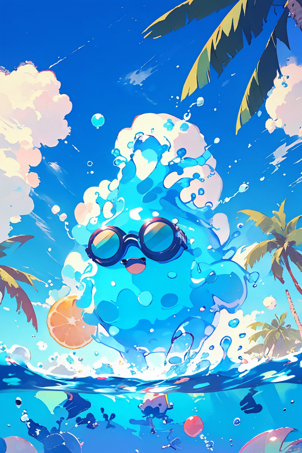  Coconut trees, bubbles, beaches, birds, bubbles, clouds, sky, head glasses, goggles, leaves, lemons, ocean, open mouth, outdoors, palm trees, partial underwater footage, plants, sky, sunglasses, water, waterdrops,, Anime