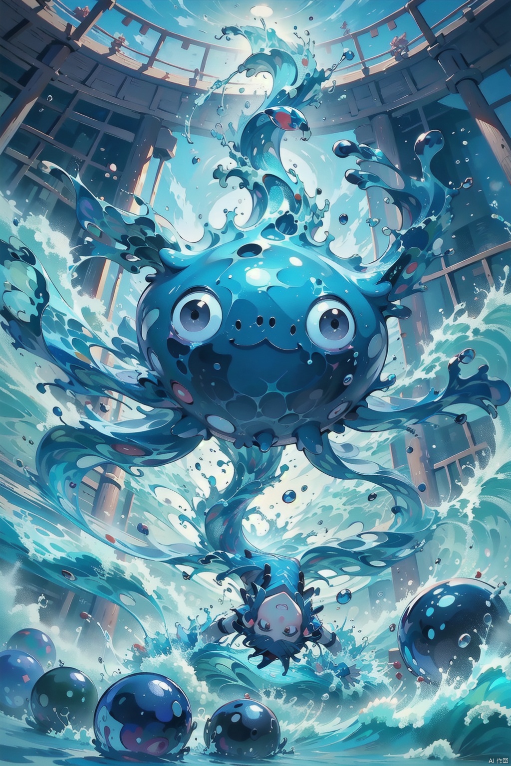  A water creature, spinning, splashing, swirling, yushui