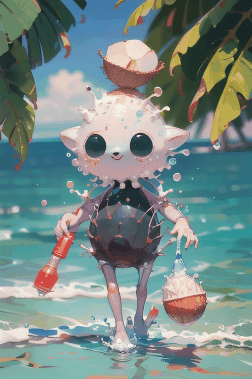water,A cute creature with a body made of water, holding a water gun in its left hand and a coconut in its right hand, water