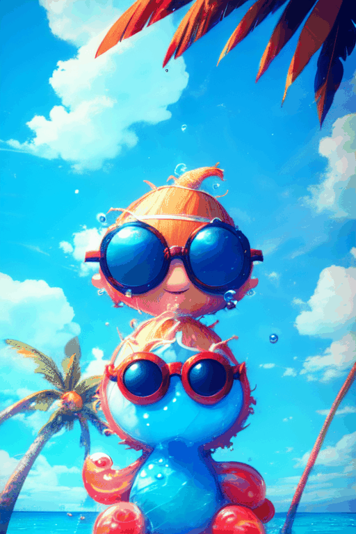  Coconut trees, bubbles, beaches, birds, bubbles, clouds, sky, head glasses, goggles, leaves, lemons, ocean, open mouth, outdoors, palm trees, partial underwater footage, plants, sky, sunglasses, water, waterdrops,, Anime
