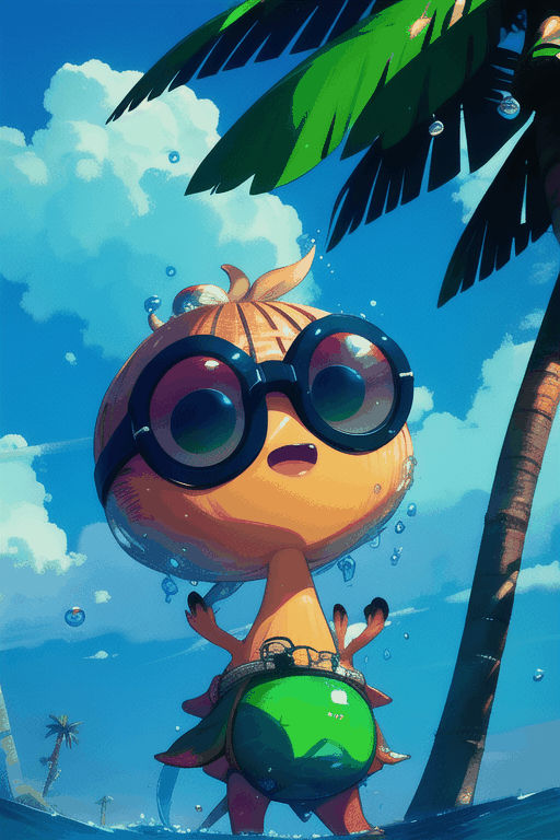  Coconut trees, bubbles, beaches, birds, bubbles, clouds, sky, head glasses, goggles, leaves, lemons, ocean, open mouth, outdoors, palm trees, partial underwater footage, plants, sky, sunglasses, water, waterdrops,, Anime, fantasy, magic