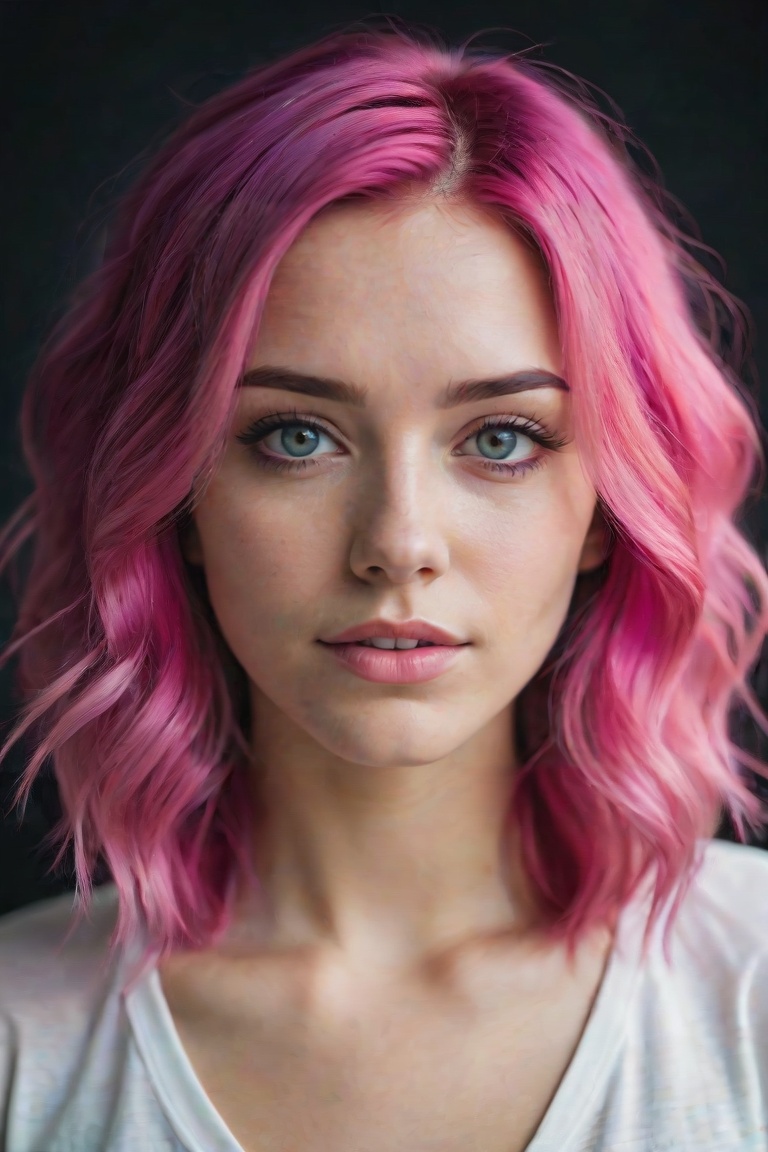 Portrait of a pretty young woman with magenta-lite pink hair,  film grain,  high quality on Tensor.Art