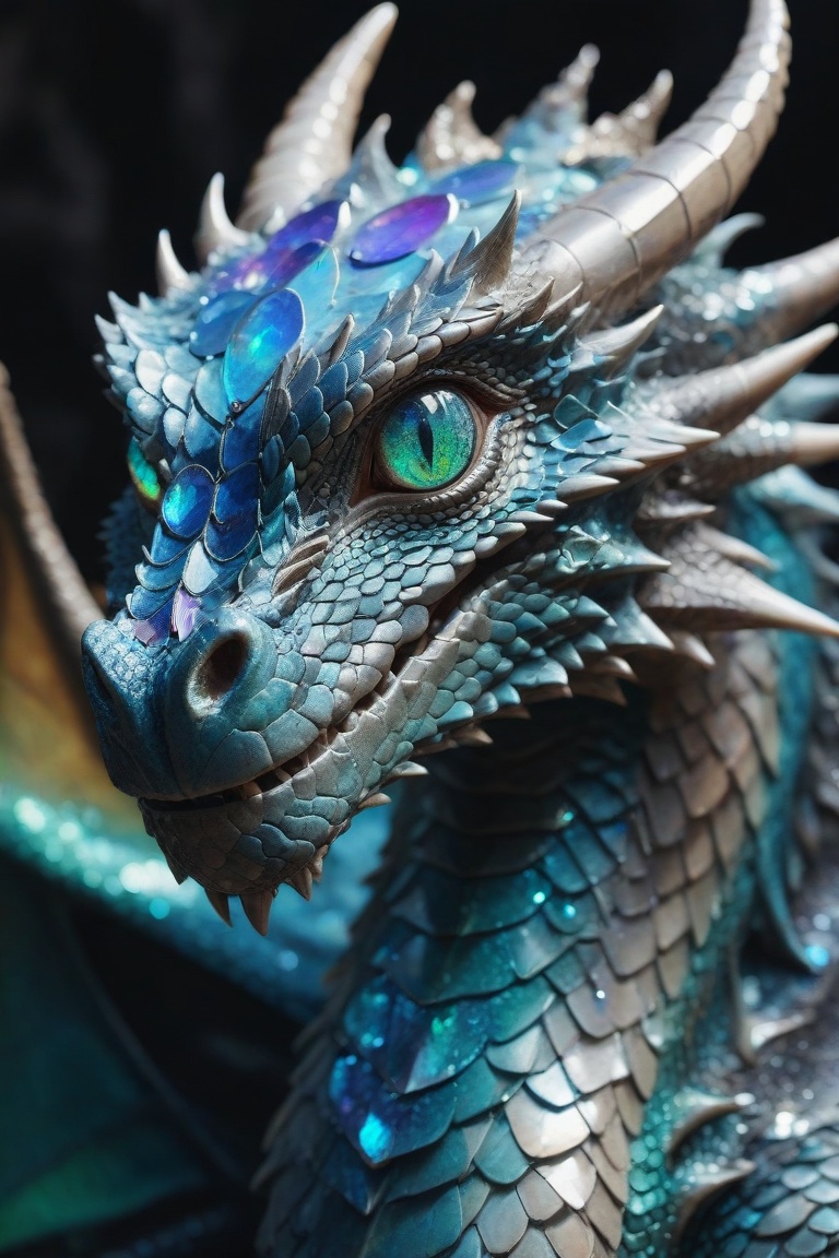 A beautiful portrait photograph of a dragon with diamond and gemstone scales,  opal eyes,  cinematic on Tensor.Art