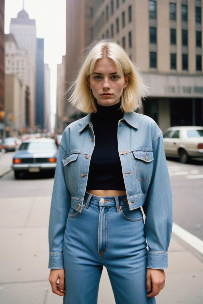 In the gritty streets of 1990 Manhattan,  a street-style photograph captures the essence of grunge fashion embodied by a w...