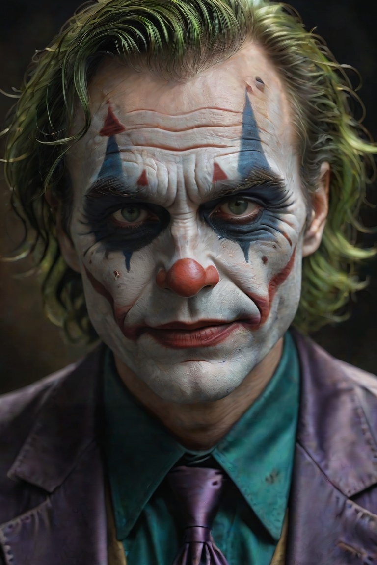 Time-worn Joker,  curled up,  looks at the lens. The wrinkles and marks on his skin represent a past of sorrows and joys o...