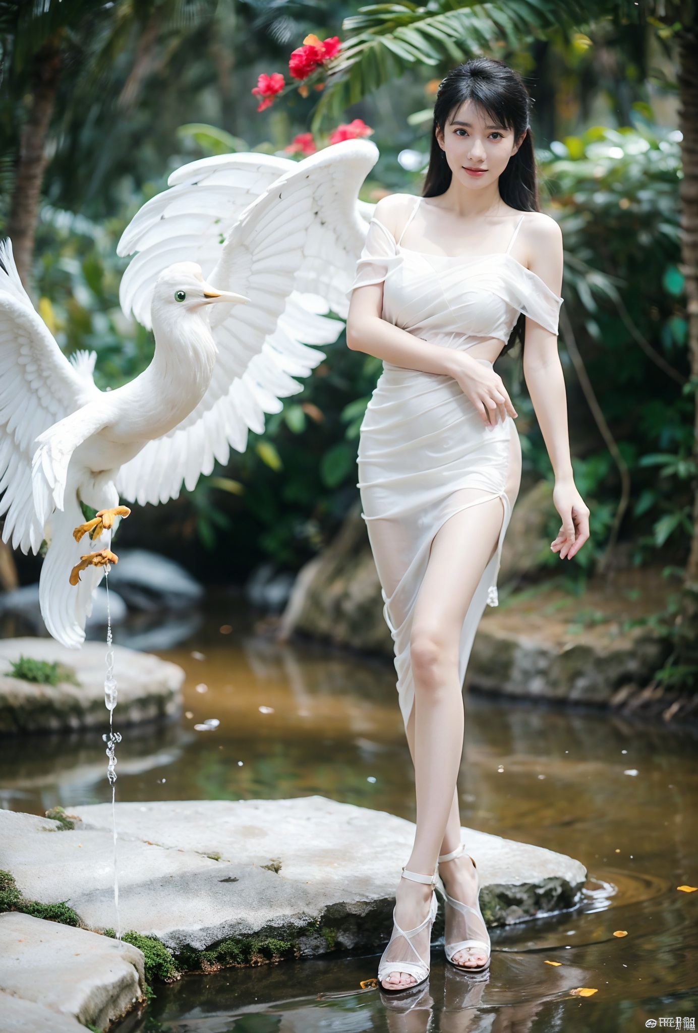  1girl,nice body,(best quality),Transparent gauze skirt,Perfect figure,skirt_lift,Exquisite facial features,Perfect legs,high heels, (ultra detailed),solo,(8K wallpaper),off shoulder, cleavage, huge ,(white sheer dress:1.4),breasts,see-through, narrow waist, areola slip:1.3, strap slip,full_body ,sex,angel,high heel,1 girl,dynamic pose,(Spread *****:1.35),fhyf,yujianshu,water,lightning,moyou,white pantyhose,tifa lockhart,Biu1213,Hanfu, Rita