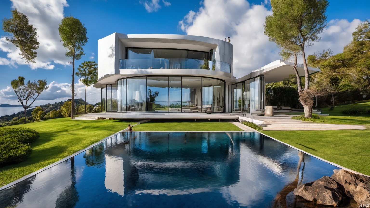  (Villa 1.5),(),(),
Overlooking,(Representative), (boutique), Ultra HD, 
, reflection, masterpiece, true light and shadow, wide Angle, outdoors, sky, day, cloud, 
, tree, blue sky, no humans, nature, scenery, SDXL, Villa, sea,
