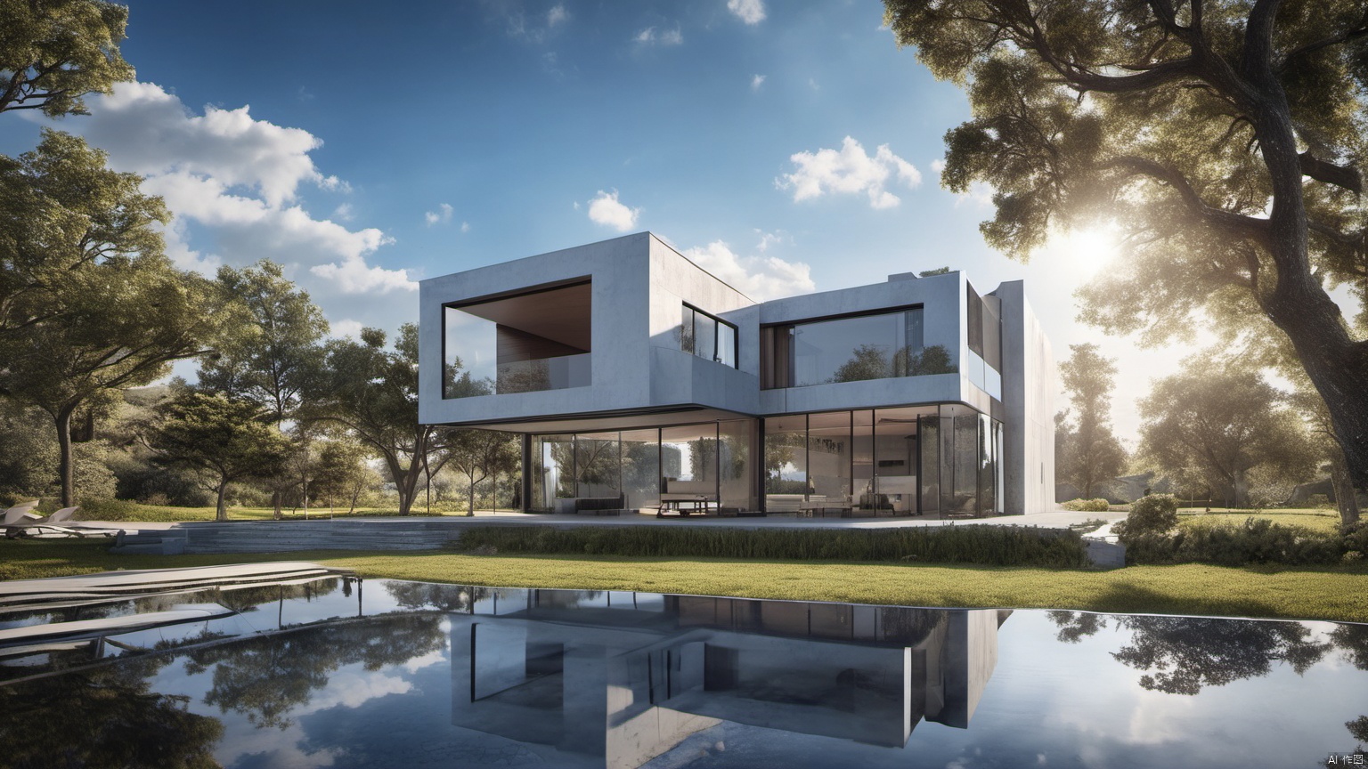  (Villa 1.5),(),(),
Overlooking,(Representative), (boutique), Ultra HD, 
, reflection, masterpiece, true light and shadow, wide Angle, outdoors, sky, day, cloud, 
, tree, blue sky, no humans, nature, scenery, SDXL,