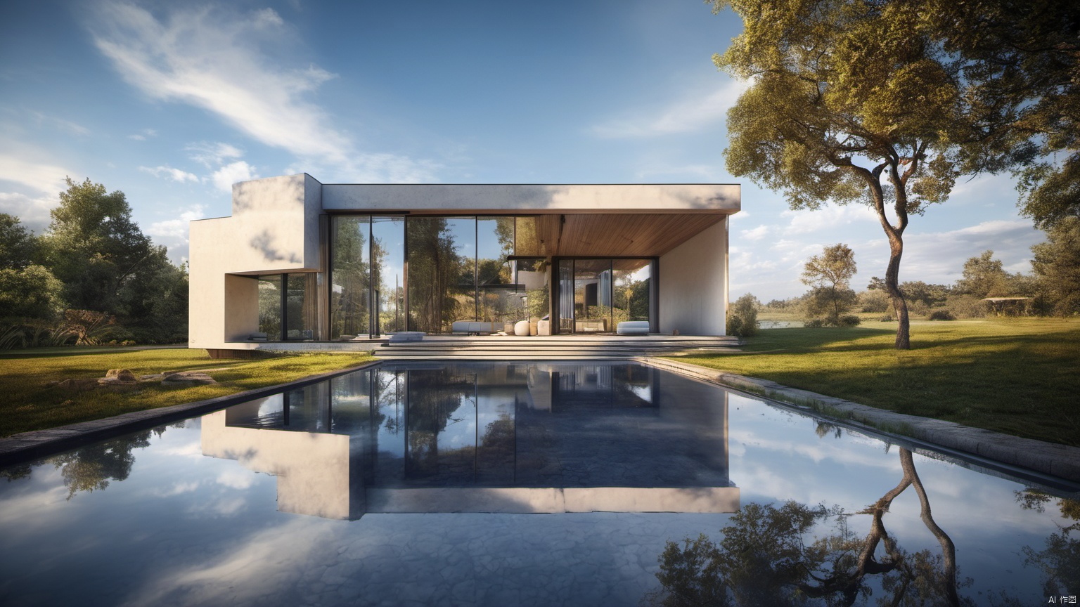  (Villa 1.5),(),(),
Overlooking,(Representative), (boutique), Ultra HD, 
, reflection, masterpiece, true light and shadow, wide Angle, outdoors, sky, day, cloud, 
, tree, blue sky, no humans, nature, scenery, SDXL,