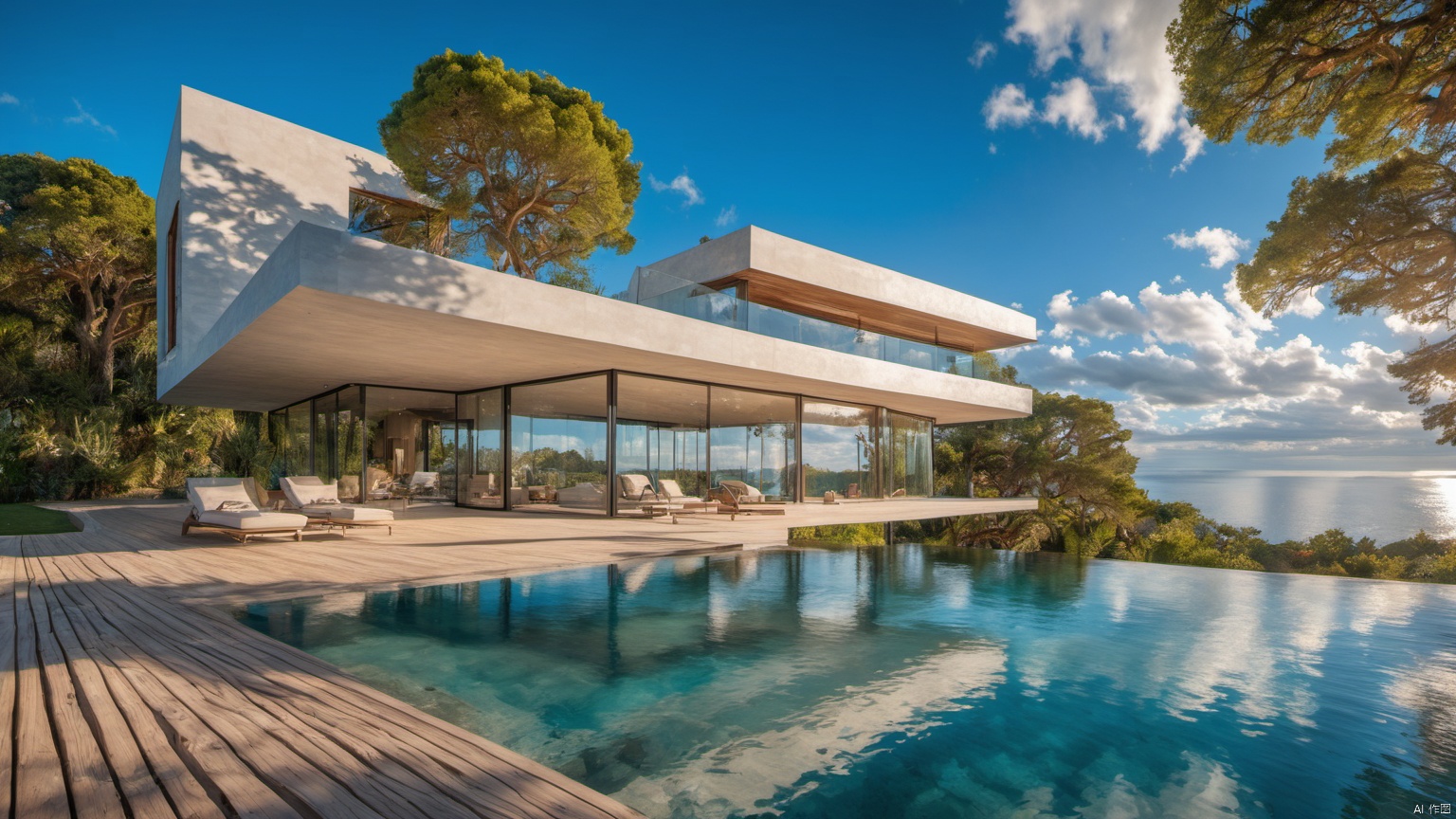  (Villa 1.5),(),(),
Overlooking,(Representative), (boutique), Ultra HD, 
, reflection, masterpiece, true light and shadow, wide Angle, outdoors, sky, day, cloud, 
, tree, blue sky, no humans, nature, scenery, SDXL, Villa, sea,