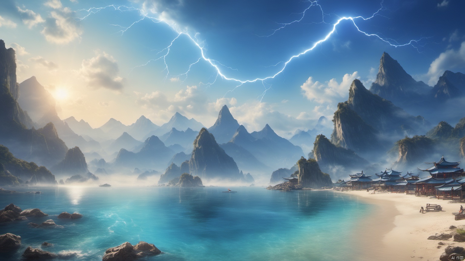  (sea 1.9),
(Jet hole blue flame and lightning 1.0),
(Adequate sunlight 1.5),
(Optical materials 1.0),
(Water in glass materials 1.5),
(beach 1.9),
(wonderland 1.9),
Overlooking,,(sea 1.9),,Representative,boutique, Ultra HD, 
, reflection, masterpiece, true light and shadow, wide Angle, outdoors, sky, day,
, blue sky, (no humans 99.9),nature, scenery, Water, beach, 
 (High Quality), Best Quality, (4K), 8K, Super Detail, (Full Detail), (Masterpiece), (Realistic), Super Detail, (Exquisite Detail), Intricate, Traditional Chinese Ink Painting,Mountain peaks, blue sky, flowing water,Wild goose, Scenery, SDXL, lightning