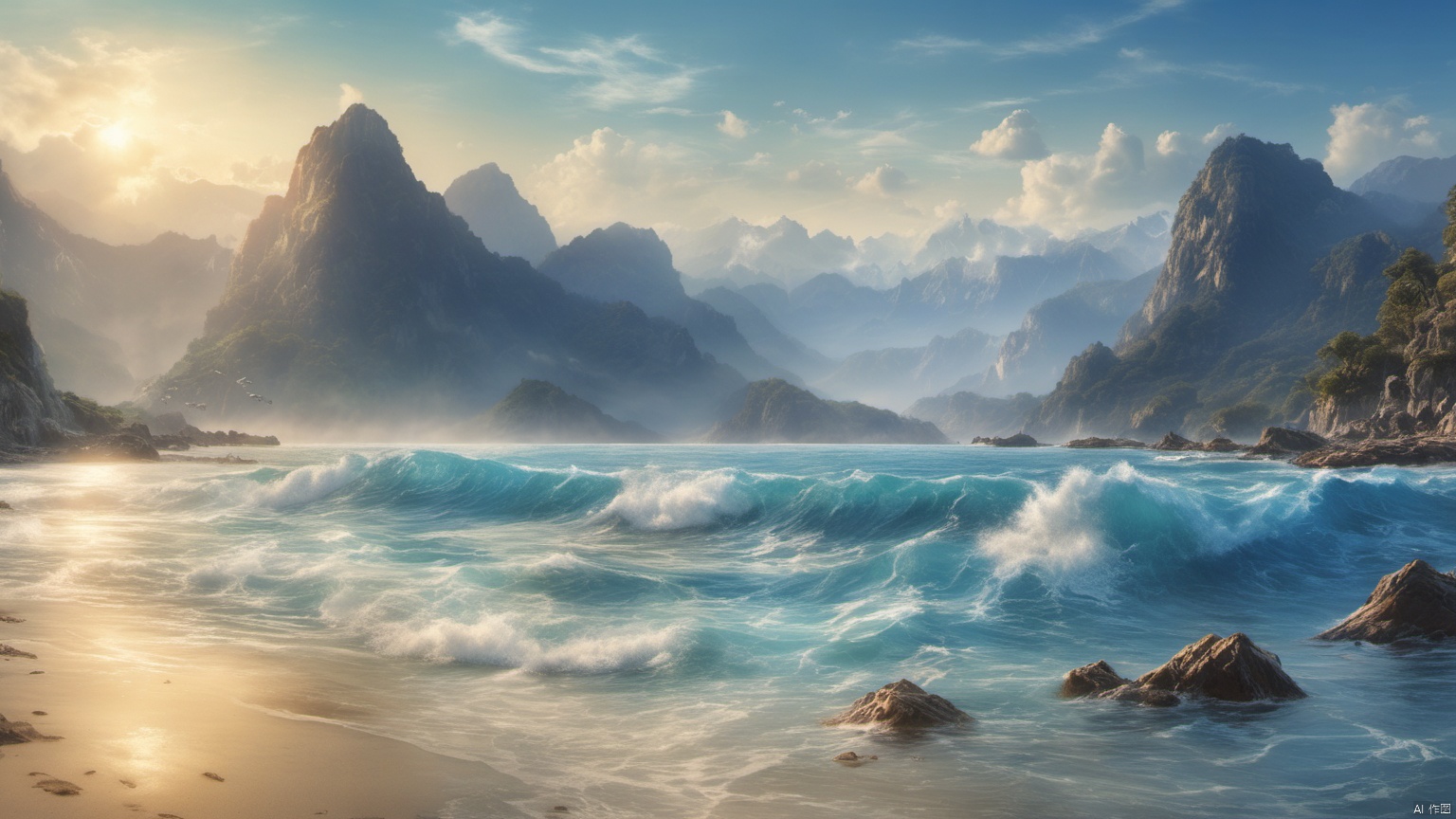  (sea 1.9),
(Jet hole blue flame and lightning 1.0),
(Adequate sunlight 1.5),
(Optical materials 1.0),
(Water in glass materials 1.5),
(beach 1.9),
(wonderland 1.9),
Overlooking,,(sea 1.9),,Representative,boutique, Ultra HD, 
, reflection, masterpiece, true light and shadow, wide Angle, outdoors, sky, day,
, blue sky, (no humans 99.9),nature, scenery, Water, beach, 
 (High Quality), Best Quality, (4K), 8K, Super Detail, (Full Detail), (Masterpiece), (Realistic), Super Detail, (Exquisite Detail), Intricate, Traditional Chinese Ink Painting,Mountain peaks, blue sky, flowing water,Wild goose, Scenery, SDXL, lightning