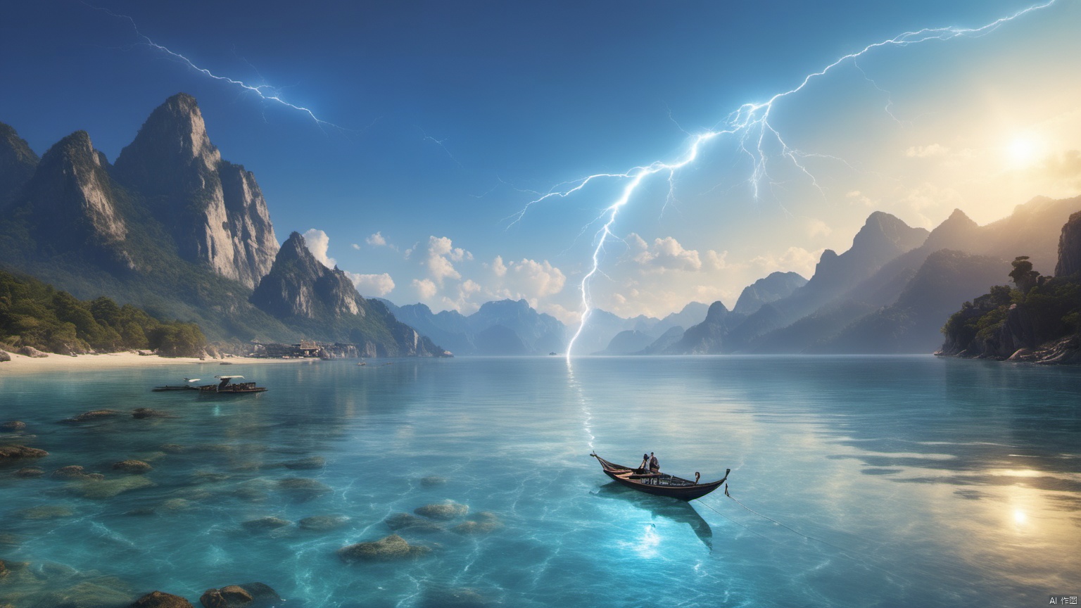  (sea 1.9),
(Jet hole blue flame and lightning 1.0),
(Adequate sunlight 1.5),
(Optical materials 1.0),
(Water in glass materials 1.5),
(beach 1.9),
(wonderland 1.9),
Overlooking,,(sea 1.9),,Representative,boutique, Ultra HD, 
, reflection, masterpiece, true light and shadow, wide Angle, outdoors, sky, day,
, blue sky, (no humans 99.9),nature, scenery, Water, beach, 
 (High Quality), Best Quality, (4K), 8K, Super Detail, (Full Detail), (Masterpiece), (Realistic), Super Detail, (Exquisite Detail), Intricate, Traditional Chinese Ink Painting,Mountain peaks, blue sky, flowing water,Wild goose, Scenery, SDXL, lightning